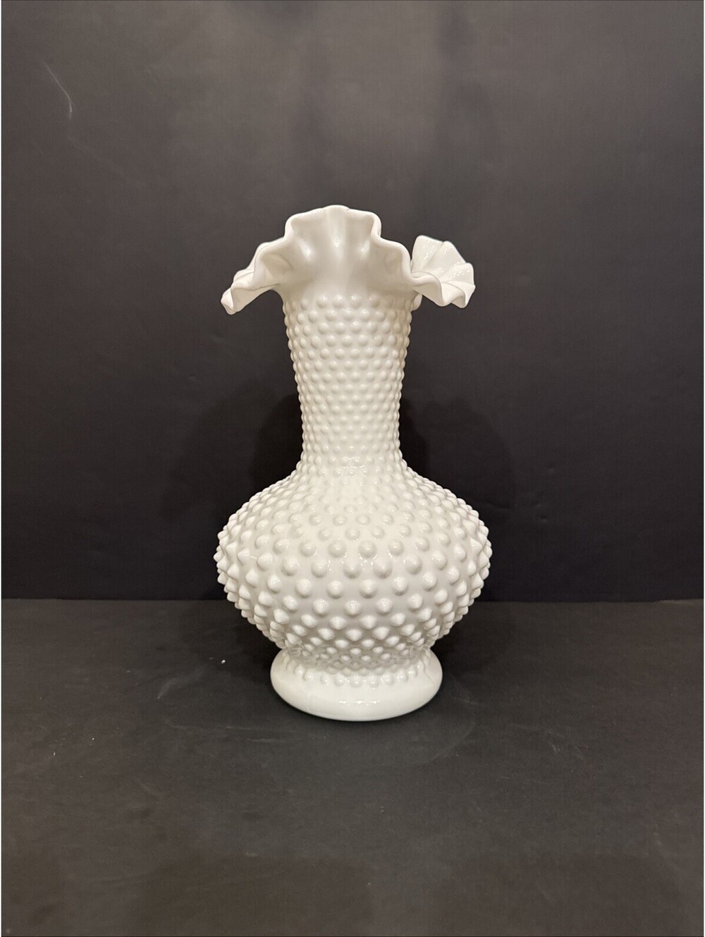Vintage Fenton White Milk Glass Vase Hobnail Ruffled Double Crimped 11” Tall